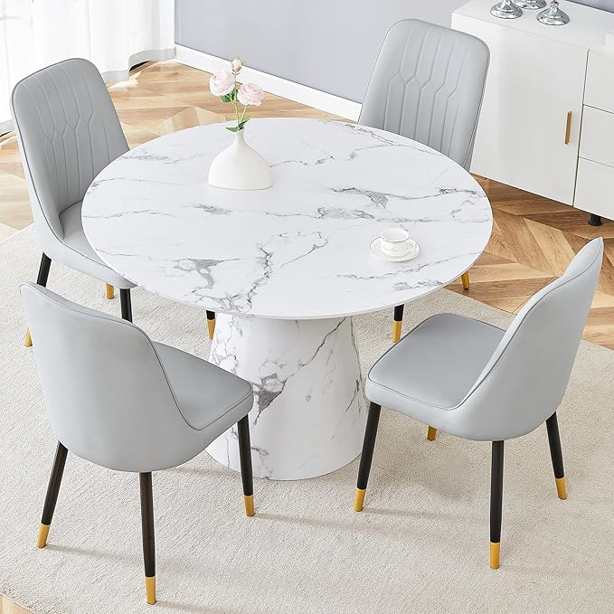 45 Inch Round Dining Table Set for 4, 5 Piece Kitchen Table and Chairs Set, White Faux Marble Table Top, Small Space Dining Set for Apartment or Dining Room
