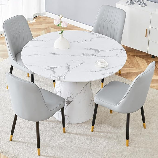 45 Inch Round Dining Table Set for 4, 5 Piece Kitchen Table and Chairs Set, White Faux Marble Table Top, Small Space Dining Set for Apartment or Dining Room