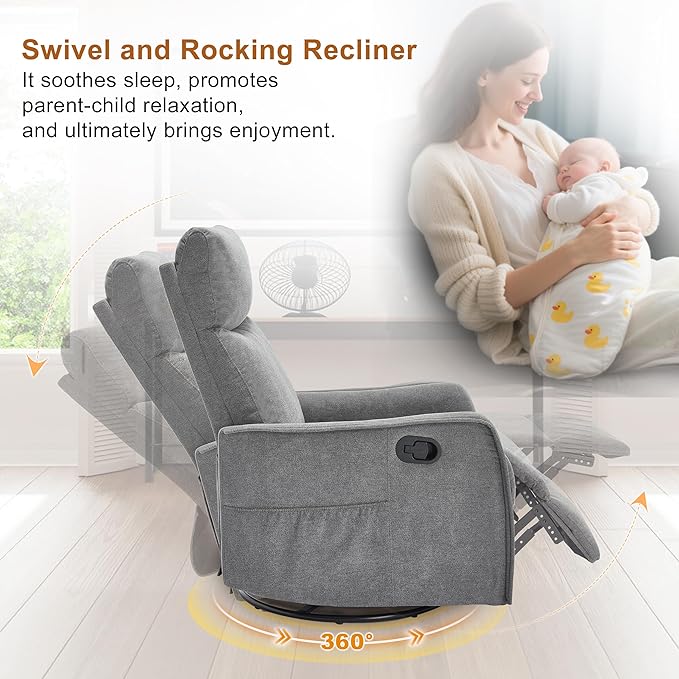 Manual 360° Swivel Rocker Recliner Chair for Adults, Overstuffed Glider Chair for Nursery with Vibration Massage and Heat, Comfy Soft Fabric Glider with Side Pockets for Living Room, Gray