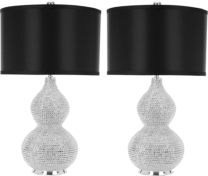 SAFAVIEH Lighting Collection Nicole Modern Silver Bead Base/ Black Shade 25-inch Bedroom Living Room Home Office Desk Nightstand Table Lamp Set of 2 (LED Bulbs Included)