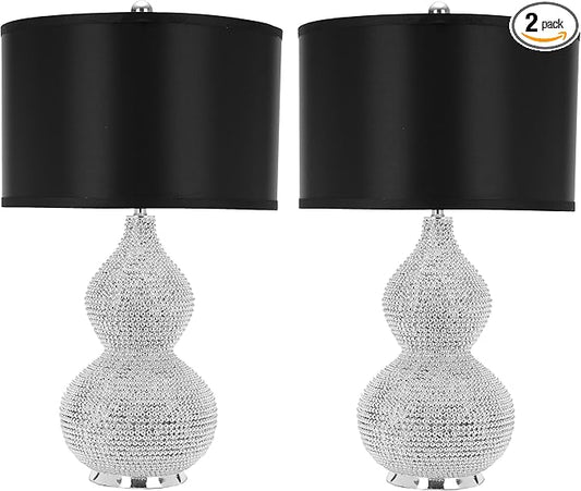 SAFAVIEH Lighting Collection Nicole Modern Silver Bead Base/ Black Shade 25-inch Bedroom Living Room Home Office Desk Nightstand Table Lamp Set of 2 (LED Bulbs Included)