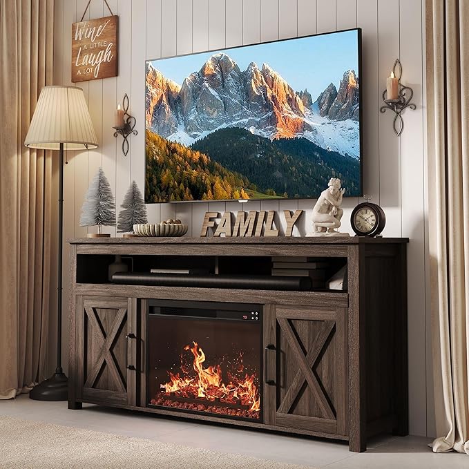 BELLEZE Barn Door Wood Electric Fireplace TV Stand for TVs up to 65 Inches Open Shelves and Cabinets Media Entertainment Center Console Table - Corin (Dark Walnut)