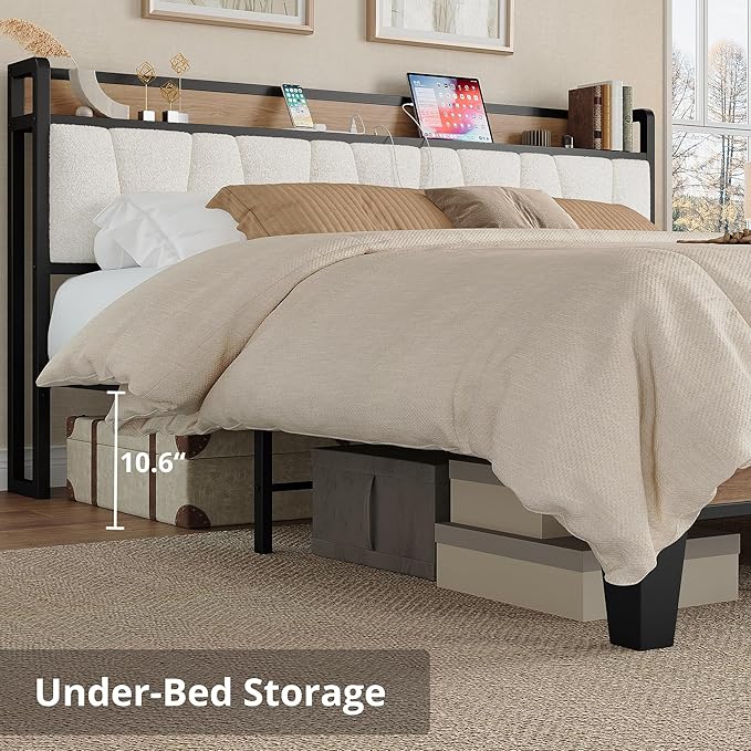 LIKIMIO King Bed Frames, Storage Headboard with Charging Station, Solid and Stable, Noise Free, No Box Spring Needed, Easy Assembly, Wood and Cream