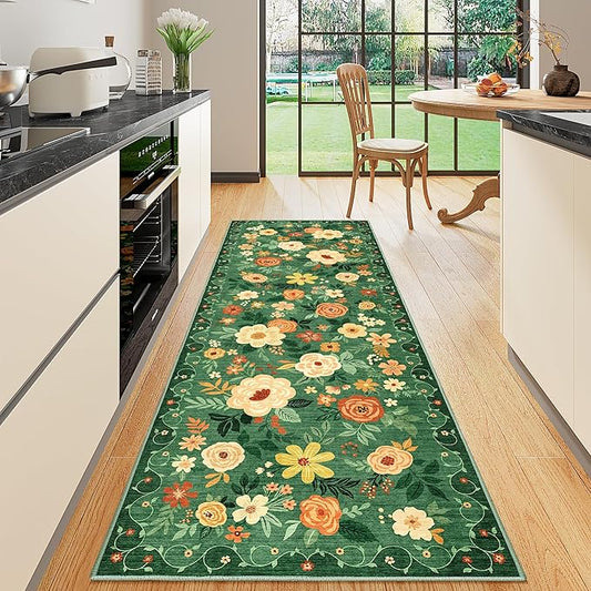 DUKINO Runner Rug, 2x10 Kitchen Hallway Carpet, Washable with Non-Slip Backing, Low Pile Soft Boho Floral for Entryway, Laundry, Bedroom, Dark Green