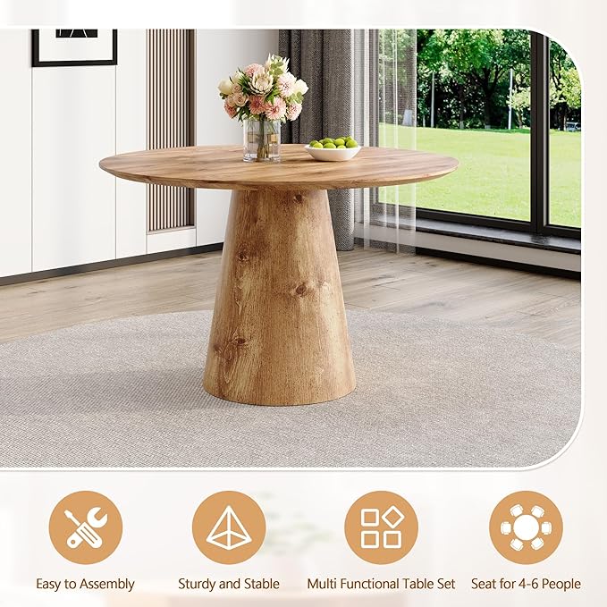 Round Dining Table Set for 4,45'' Wood Dining Room Table Set for 4 with Suede Chairs,Farmhouse Pedestal Dining Table Set for Dining Room,Apartment Easy Assembly