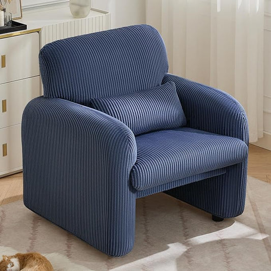 Corduroy Fabric Accent Chair, Modern Upholstered Living Room Chairs with Lumbar Pillow, Wide Comfy Leisure Armchair for Bedroom, Office, Reading, Blue
