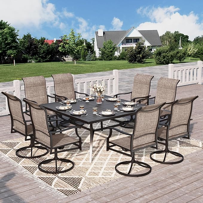 HERA'S HOUSE Outdoor Patio Dining Set of 9, 9 Piece Outdoor Table and Chairs Set of 1 Large Square Patio Table and 8 Quick Dry Textilene Swivel High Back Rocking Chairs for Lawn, Park, and Garden