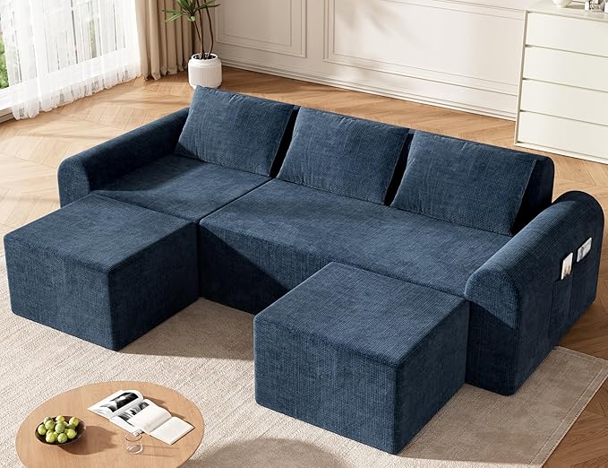 Cloud Sectional Couch with 2 Ottomans & 3 Pillows, Boneless Couches for Living Room, U Shaped Sectional Sofa Deep Seat Comfy Couch for Small Spaces, No Assembly Required, 72h to Restore