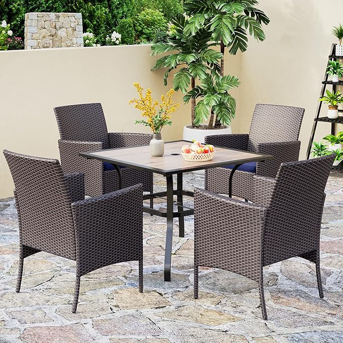 PHI VILLA 5 Pieces Outdoor Dining Set for 4, Wood Top Metal Dining Table & Rattan Wicker Chairs with Cushions, Modern Furniture Dining Set for Patio, Deck, Backyard, Porch