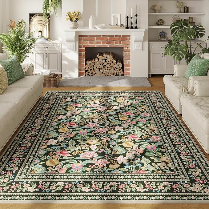 5x7 Washable Rug Vintage Floral Area Rug Non Slip Low Pile Large Rugs for Living Room, Bedroom, Farmhouse, Dining Room, Kids Playroom, Green