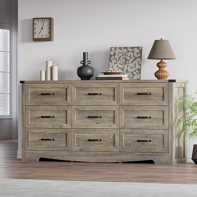 Dresser for Bedroom, 59'' Wide Chest of Drawers with Natural Wood Texture, 9 Drawer Dresser for Closet with Metal Handles, Sleek Storage Solution for Living Room, Office, Hallway, Grey