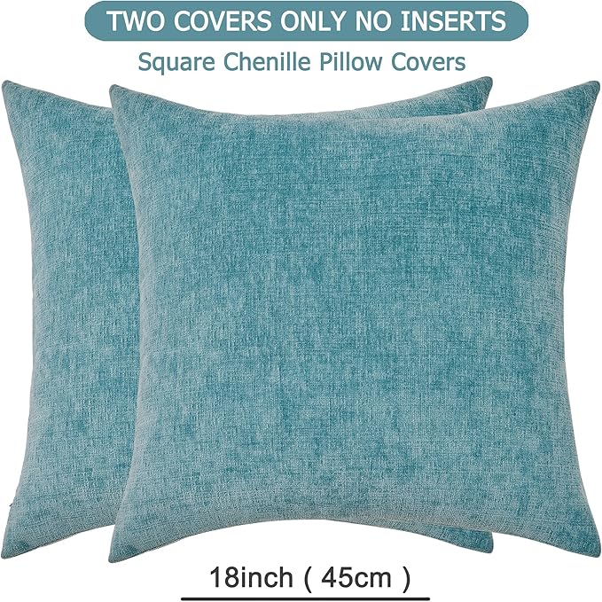GAWAMAY Decorative Square Throw Pillow Covers 18"x18" Inch Set of 2, Super Soft Chenille Pillows Farmhouse Fall Pillowcase for Living Room Bedroom Sofa Couch Cushion Cover Smoke Blue 45x45cm