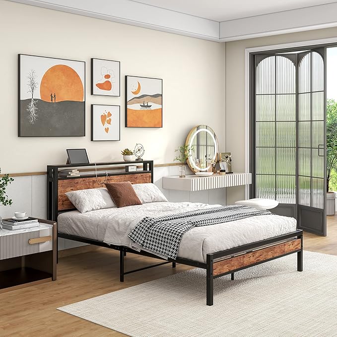 Full Size Bed Frame with Storage Headboard/USB Charging Station,Metal Platform Bed Frame Full Size No Box Spring Needed,Noise-Free,Strong Steel Slats Support,Rustic Brown