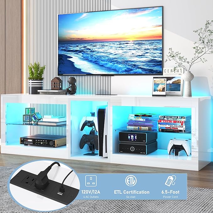 Vinctik 6&Fox LED TV Stands w/Power Outlet,60,00-Colors Lighting for 65 70in TV, 63" Modern High Gloss Entertainment Center,TV Console W/Adjustable Glass Shelves for Living Room Game Bedroom (White)