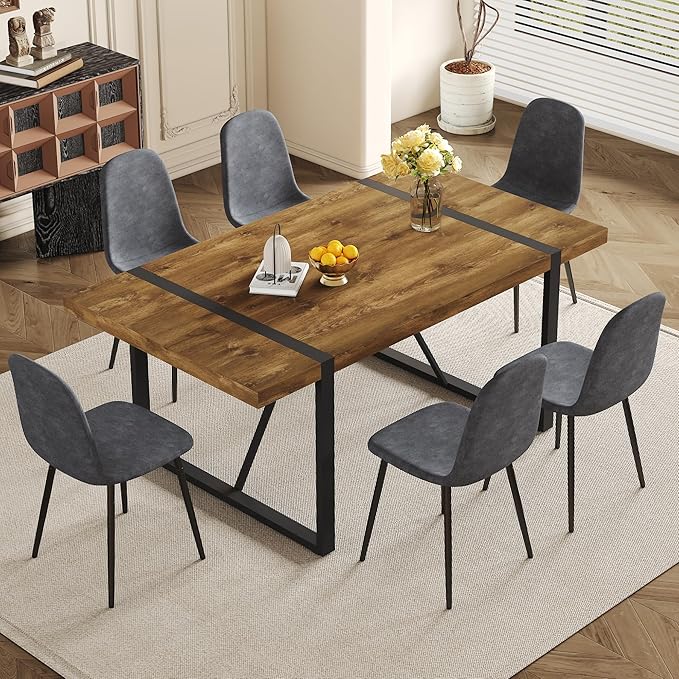 Dining Table Set for 6，Dinner Table Set for 6，71'' Dark Wood Kitchen Table and Suede Nap Fabic Chairs Set of 6，6 Chair Dining Table Set for Kitchen Dining Room