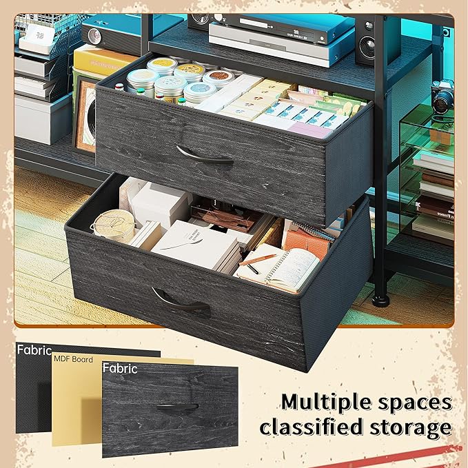 55" W TV Stand for Bedroom with LED Lights & Power Outlets Dresser TV Stand with 2 Drawers for 65" TV with Open Storage Shelves