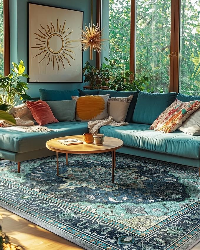 Area Rugs 5'x8' Washable Non-Slip, Floral Vintage Distress Print Pattern Medallion Carpet for Living Room Bedroom Dining Room, Teal Green Lake Blue Turquoise