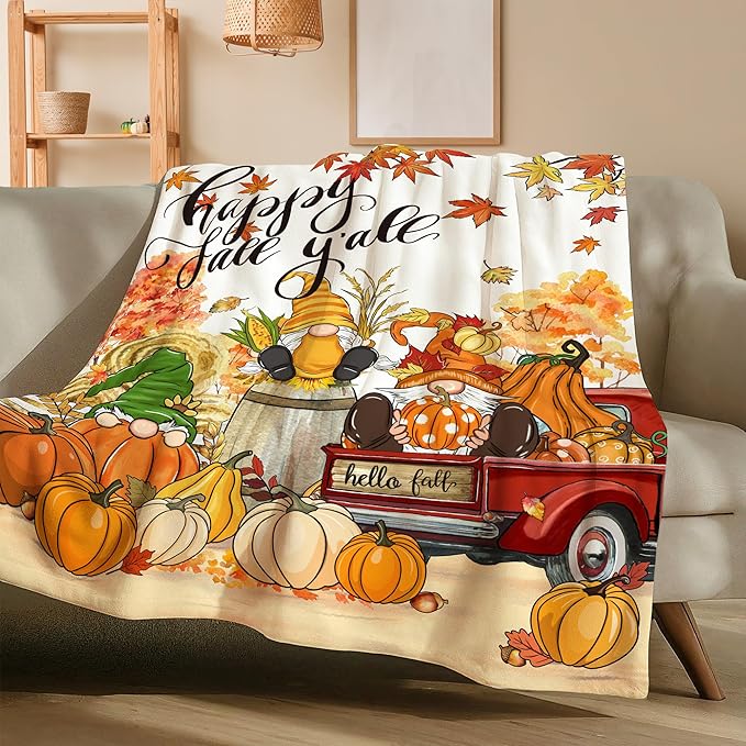 Fall Blanket, Fall Gnome Throw Blanket 50"X60", Autumn Decorations for Home Flannel Thanksgiving, Decorative, Cozy, Warm, Perfect for Bed, Couch, Movie Theater, Gift for Him or Her, Harvest Seasonal