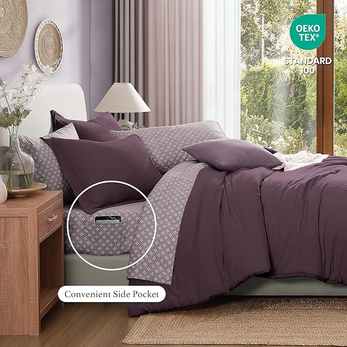 Monbix King Size Comforter Set - 7 Pieces ltalian Plum Prewashed Bed in a Bag King Bedding Sets with Comforters, All Seasons Down Alternative Comforter Bed Set with Sheets,Pillowcases & Shams