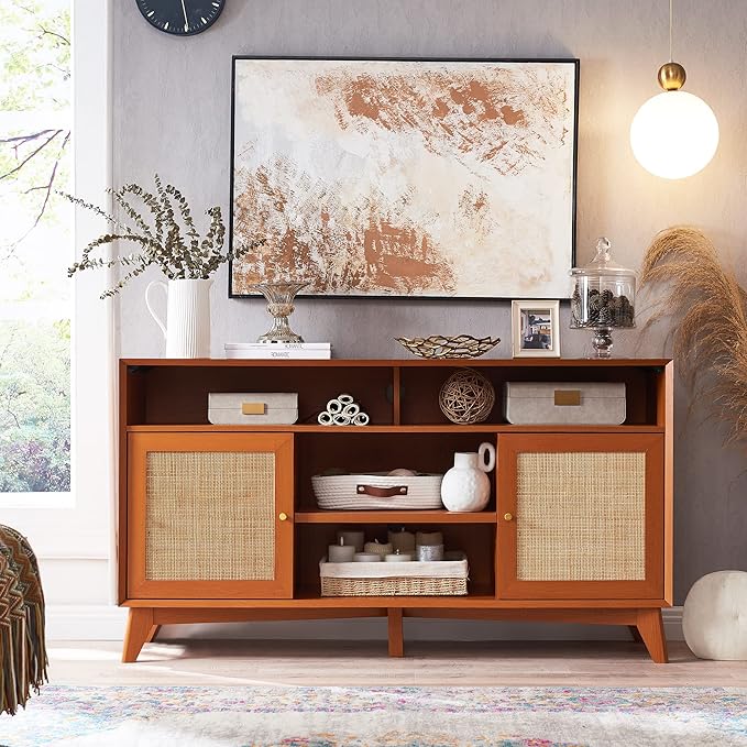 OKD TV Stand for 65+ Inch TV, 32'' Tall Highboy Entertainment Center, Mid Century Modern Media TV Console with Natural Rattan Door, Adjustable Shelves, Boho Television Stand, Cherry