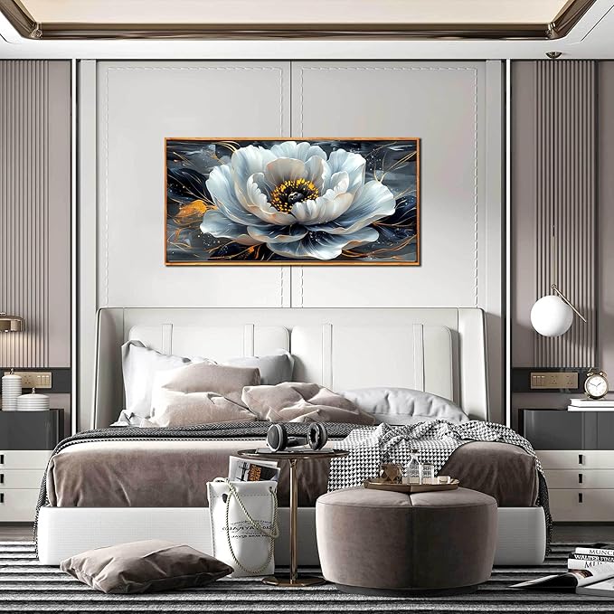 White Flower Pictures for Living Room Wall Decor - Modern Prints Wall Art for Bedroom - Wooden Framed Wall Art for Office Size 20" x 40"