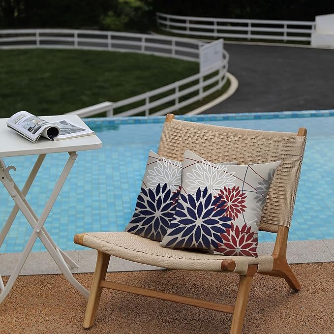 DFXSZ 4th of July Pillow Covers 18x18 Inch Set of 2 Patriotic Blue Red Floral Outdoor Waterproof Decorative Throw Pillows Polyester Cushion Case Decor for Patio Funiture Garden Couch 01H18