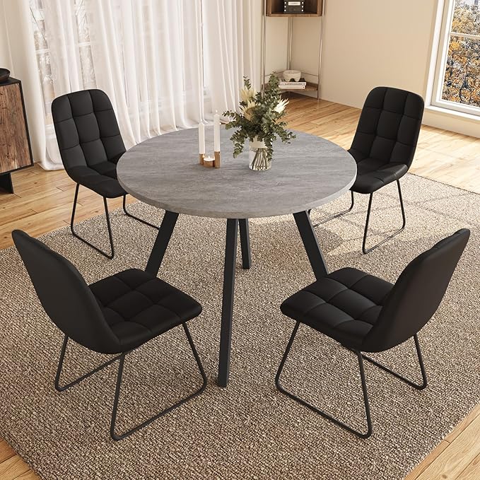34.6'' Dining Table and Chairs for 4, Mid Century Modern Round Table Set, Space Saving for Apartment Kitchen Dining Room (Grey Table+4 U-Shaped Black Chairs)