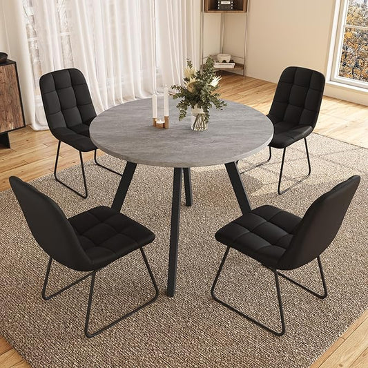 34.6'' Dining Table and Chairs for 4, Mid Century Modern Round Table Set, Space Saving for Apartment Kitchen Dining Room (Grey Table+4 U-Shaped Black Chairs)