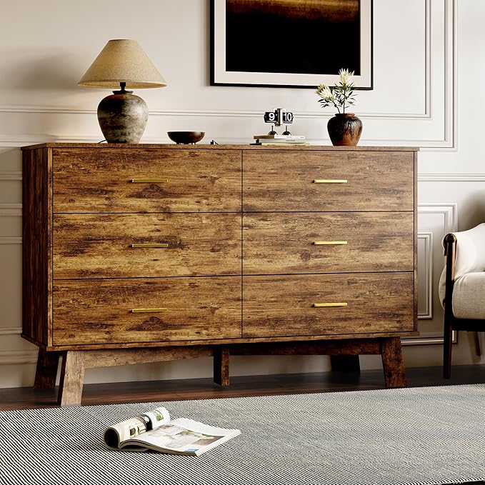 Dresser for Bedroom with 6-Drawer, 47.3" Modern Chest of Drawers with Metal Handles, X-Shape Base & Adjustable Center Leg, Anti-Tip Closet Organizers and Storage