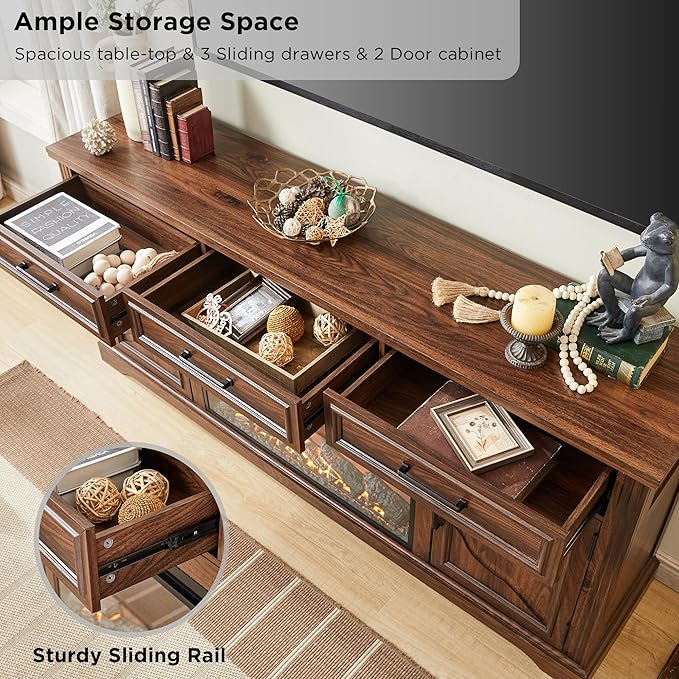 JXQTLINGMU Farmhouse TV Stand for Up to 80 Inch TV, Entertainment Center with Electric Fireplace, Storage Cabinet Drawer for Living Room (Brown)