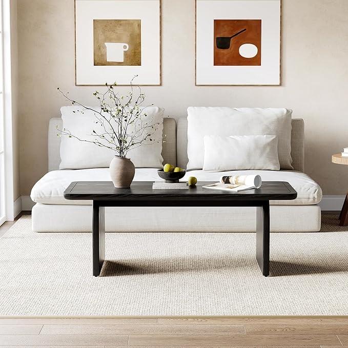 LITTLE TREE Farmhouse Coffee Table, 47 Inches Wooden Center Tables with Rounded Corners, Rectangular Living Room Tables, Modern Low Cocktail Tea Furniture for Living Room (Black)