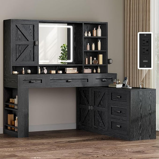YITAHOME 48'' Farmhouse Makeup Vanity Desk with Mirror and Lights, 68'' 360° Rotation Big Modern Lighted Vanity Table with 6 Drawers & Lots Shelves, Rustic Large Dressing Table, Antique Black