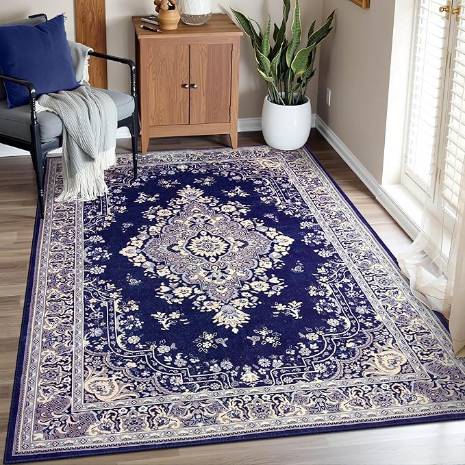 Vintage Area Rug 5x8 Rugs, Machine Washable Vintage Area Rug Non-Slip Low Pile Large Rug for Living Room, Bedroom, Farmhouse, Dining Room, Navy Blue