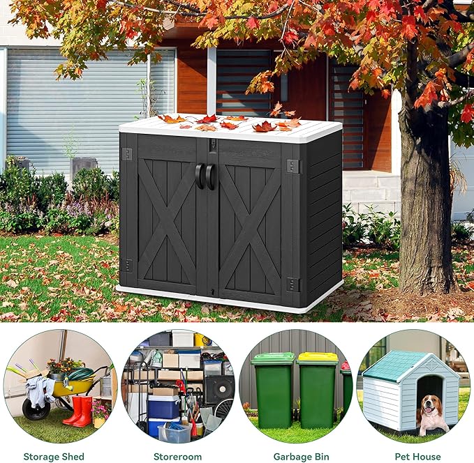 YITAHOME Outdoor Horizontal Storage Shed with X-Shaped Lockable Door, 35 Cu Ft Weather Resistant Resin Tool Shed w/o Shelf, Ideal for Bike, Trash Cans, Garden Tools, Lawn Mowers, Dark Gray
