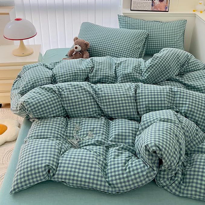 mixinni Dark Green Gingham Comforter Set Queen, Plaid Comforter Set 3 Pieces 1 Teal Grid Comfoter with 2 Pillow Cases for All Seasons, Soft Fluffy Modern Grid Pattern Printed Bedding-Queen Size