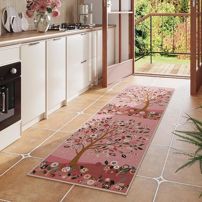 Runner Rug for Kitchen Rug Non Slip 2'x6' Washable Rugs Floral Tree with Rubber Backing Bohemian Soft Carpet Runner for Kitchen, Laundry, Bedroom, Bathroom, Pink