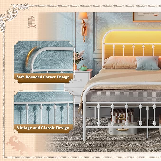 WLIVE Full Size Bed Frame with Headboard, Full Bed Frame with LED Lights and Charging Station, Metal Platform Bed with Storage, White