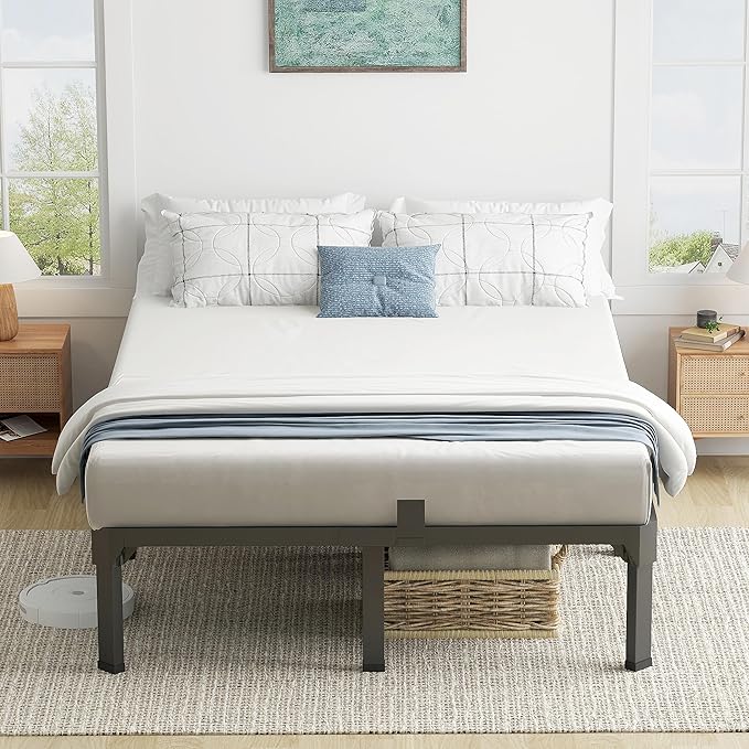 Full Bed Frame with Mattress Slide Stopper, 18 Inch Metal Platform Bed Frame, Heavy Duty Tall Bed Frame No Box Spring Needed with Large Storage Space, Easy Assembly, Noise Free