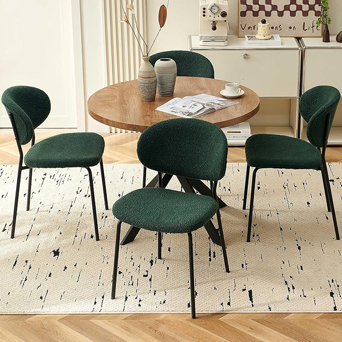 Dining Table Set for 4, Modern 5-Piece Kitchen Table Set, 37" Round MDF Living Coffee Table with 4 Seated Green Boucle Dining Chairs Upholstered, Metal Legs for Dining Hall, Living Room