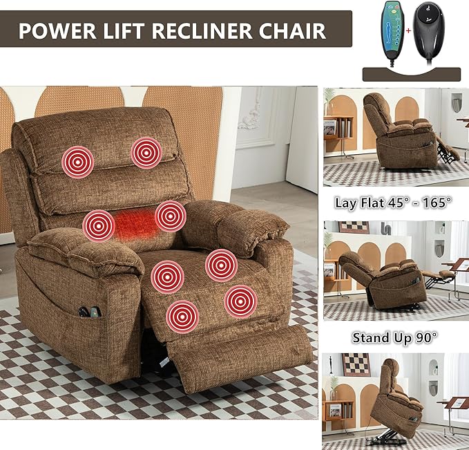 Power Lift Chair with Heat and Massage for Elderly Big Man 400lb, 27in Extra Wide Lay Flat Recliner with Hidden Cup Holders, Infinite Position Lifting Recliners for Seniors, Extended Footrest