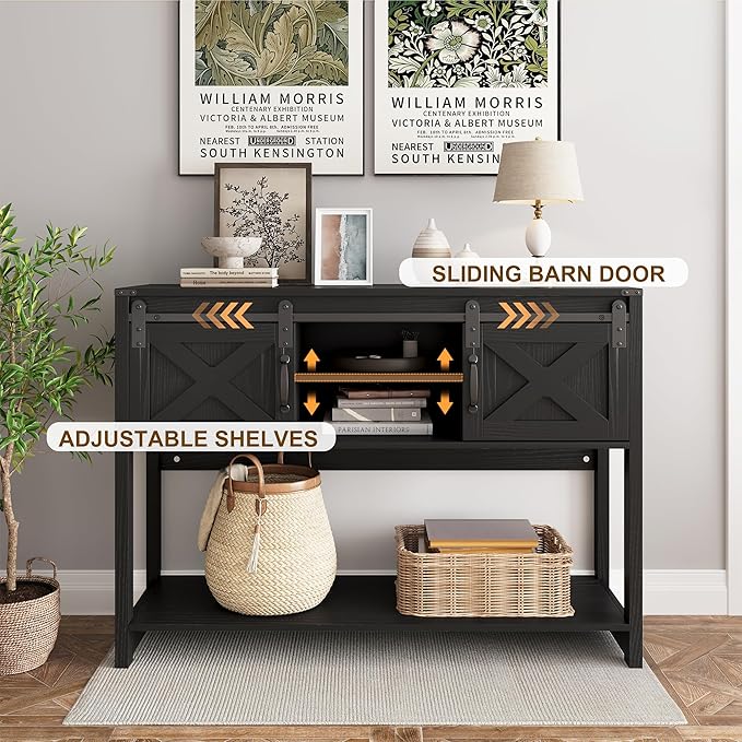 RoyalCraft Farmhouse Console Table with Storage Shelf & Sliding Barn Door, Entryway Table with Storage, 46" Narrow Long Sofa Table, Console Tables for Living Room, Entryway, Foyer