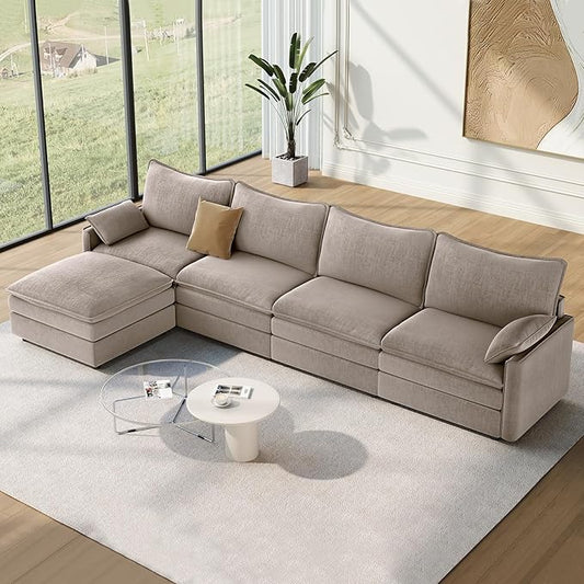 Vesgantti 142" Cloud Couch Sectional Modular Sofa, Comfy Sectional Couch with Ottoman Deep Seat Chenille L Shaped Sofa, Modular Couches for Living Room, Bedroom and Apartment, Light Brown
