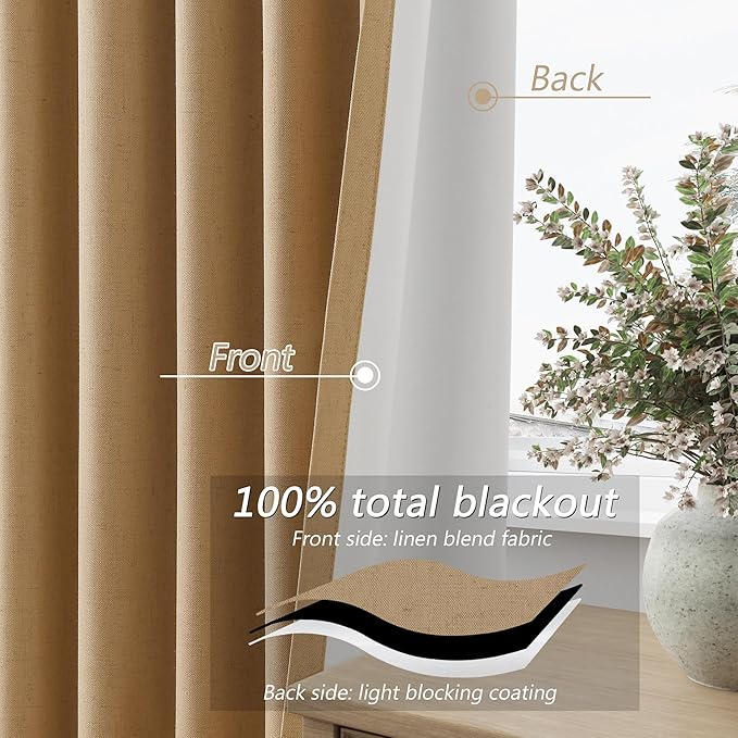 Guken 100% Blackout Linen Curtains 100 Inch Length 2 Panels Set for Living Room Bedroom Back Tab Thermal Insulated Black Out Linen Drapes Room Darkening Window Curtains,Camel Brown
