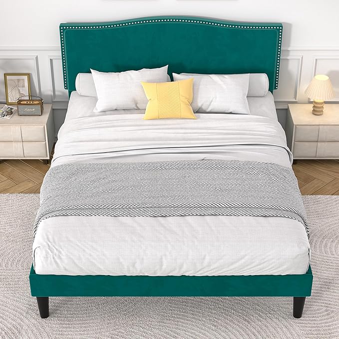VECELO Queen Bed Frame Platform Bed with Upholstered Headboard, Strong Frame and Heavy-Duty Slats Support, Non-Slip and Noise-Free, Easy Assembly,Dark Green