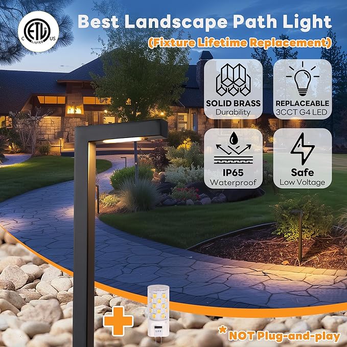 Solid Cast Brass Pathway Light, 3 Color Temp Selectable 12v Landscape Pathlights Outdoor Waterproof, Electric Walkway Lights Wired, Antique Bronze Garden Decorations with G4 Bulb (12 Pack)