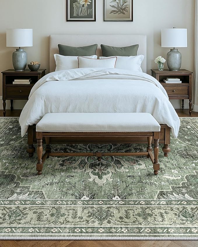 Area Rugs 8'x10' Washable Non-Slip, Floral Vintage Distress Print Pattern Medallion Carpet for Living Room Bedroom Dining Room, Dark Green Gray