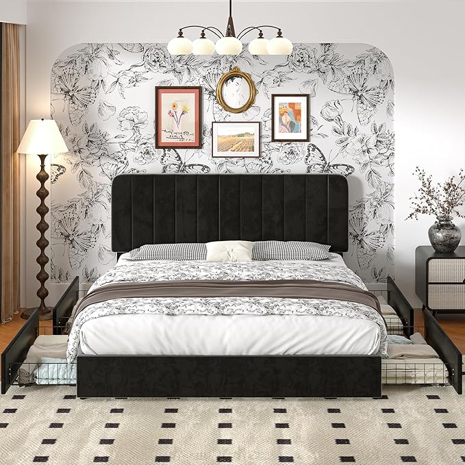 VECELO Queen Size Upholstered Bed Frame with 4 Drawers and Headboard, Velvet Platform Storage Bedframe, Wooden Slats Support, No Box Spring Needed,Black