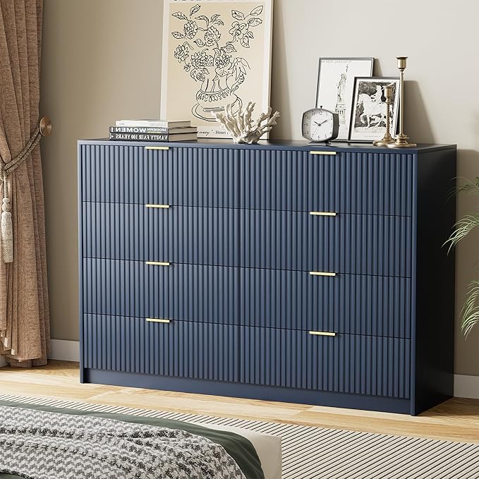 Navy Blue Dresser for Bedroom, Modern Dresser with 8 Drawers and Smooth Slides, Wide Chest of Drawers with Golden Handles for Bedroom, Closet, 15.7" D x 55" W x 37.4" H