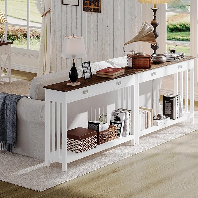 ChooChoo Farmhouse Long Entryway Table with Drawer, Mission Narrow Console Sofa Table with Storage, for Entryway,Living Room and Hallway, 47 Soft White and Brown
