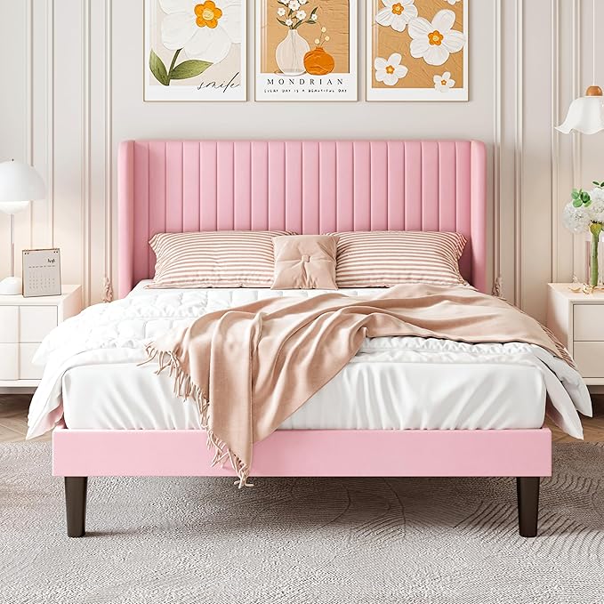 SHA CERLIN Queen Size Velvet Bed Frame with Vertical Channel Tufted Wingback Headboard, Upholstered Platform Bed with Wood Slats, No Box Spring Needed, Easy Assembly, Pink